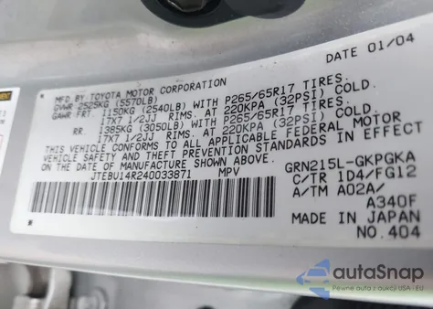 2004 Toyota 4Runner Sr5 V6 from USA, damaged, VIN JTEBU14R240033871